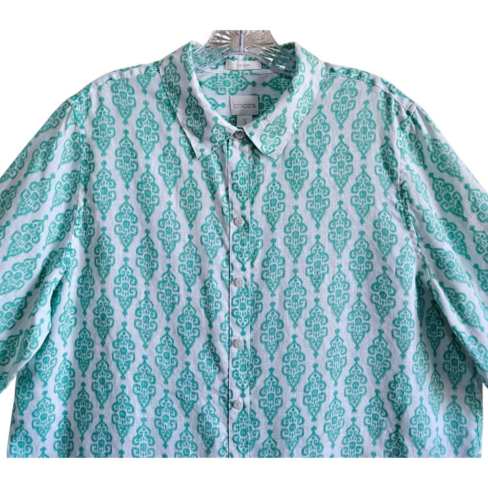 CHICO'S 3 Women XL Linen Tunic Blouse Button Up Teal White Medallion Coastal 44" - Picture 3 of 8